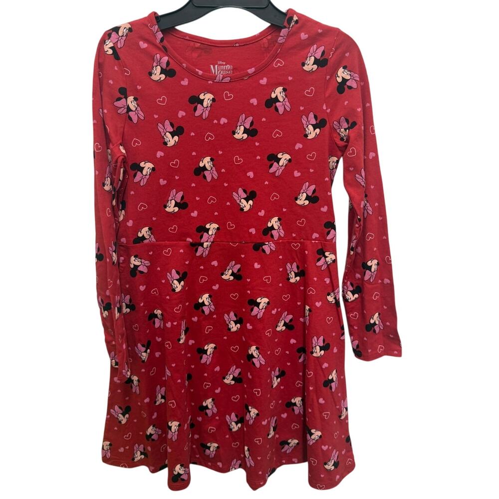 NEW Disney Mini Mouse Hearts Girls Dress Cotton Knee Long Sleeves Red L 10/12